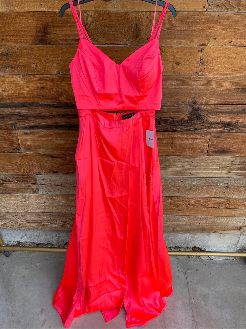 Crystal Doll Neon Pink Two-Piece Satin Dress